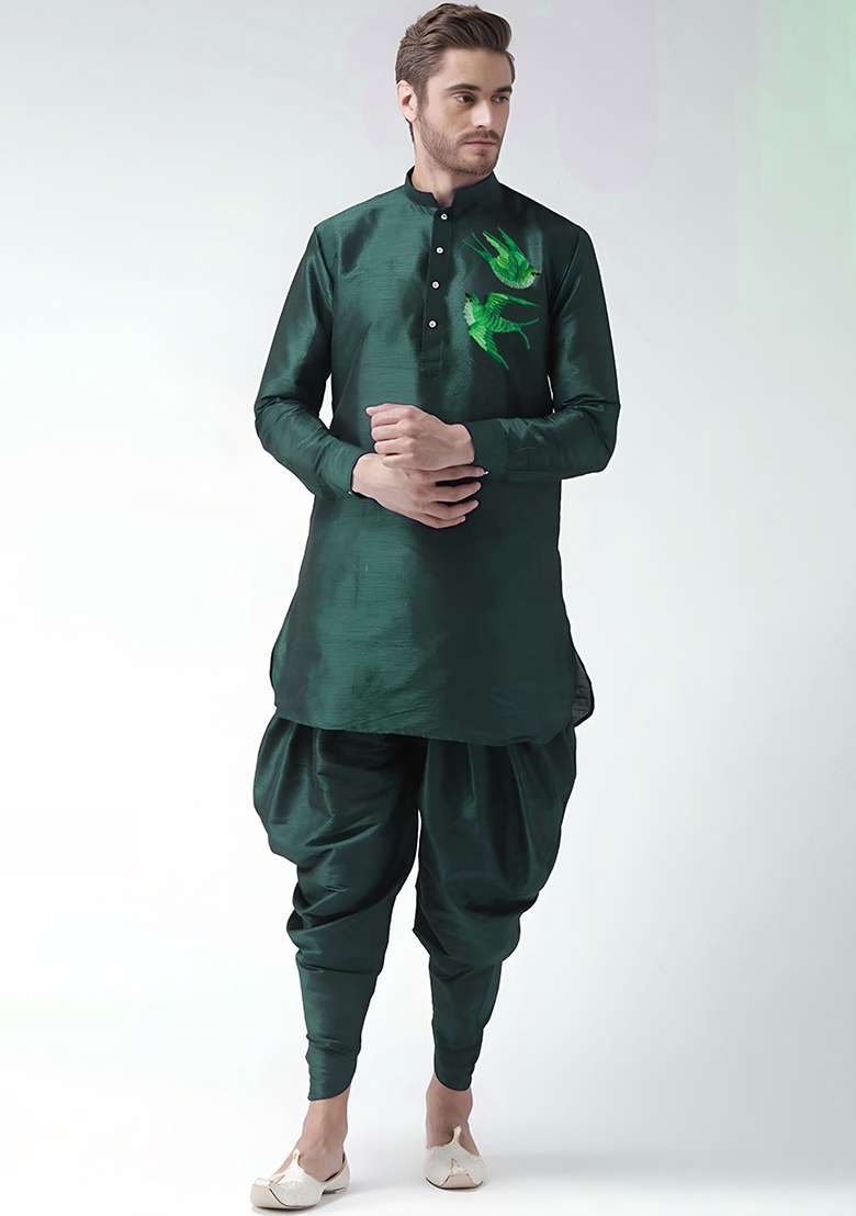 Bottle Green Embroidered Silk Blend Kurta Set - Indya