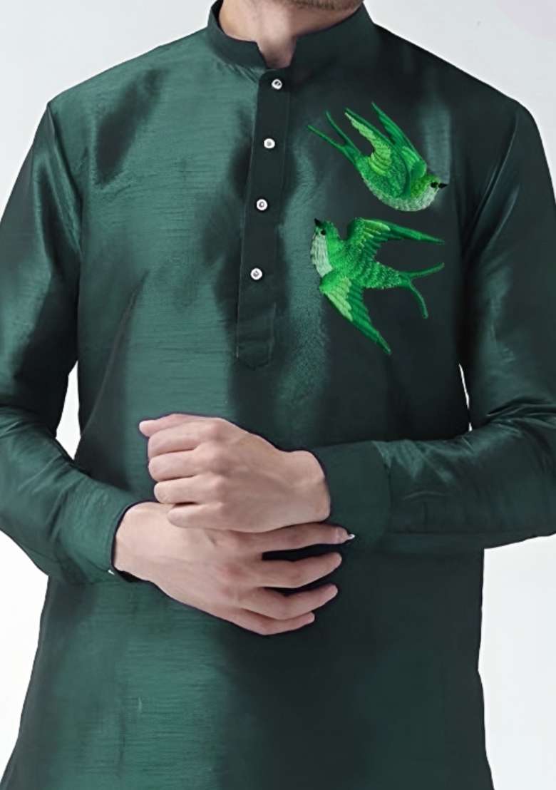 Bottle Green Embroidered Silk Blend Kurta Set - Indya