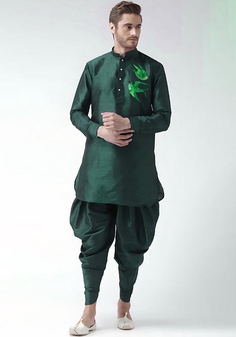 Bottle Green Embroidered Silk Kurta Set