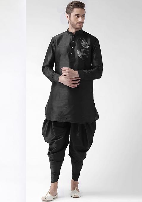 Black Embroidered Silk Kurta Set