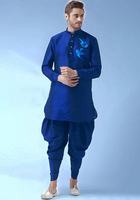 Royal Blue Embroidered Silk Kurta Set