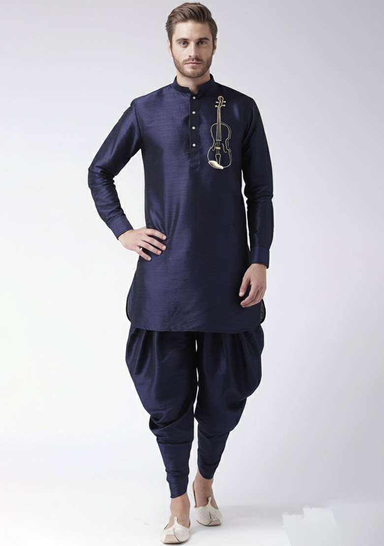 Navy Embroidered Silk Blend Kurta Set - Indya