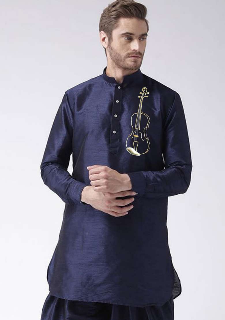 Navy Embroidered Silk Blend Kurta Set - Indya