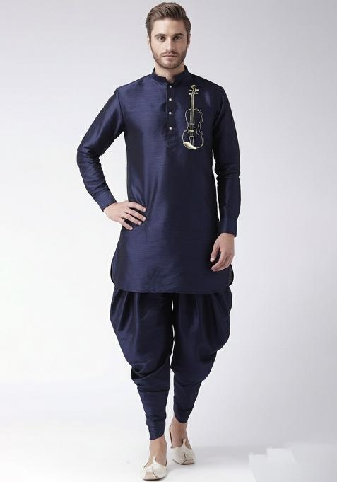 Navy Embroidered Silk Kurta Set