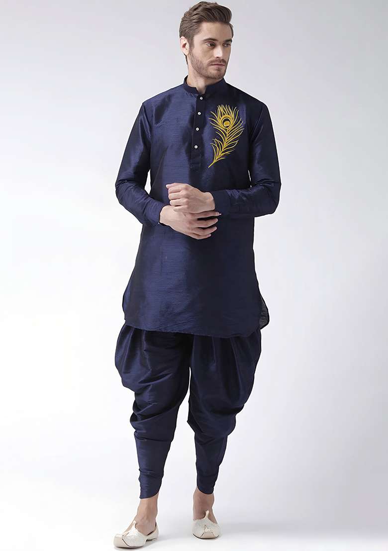 Navy Embroidered Silk Blend Kurta Set - Indya