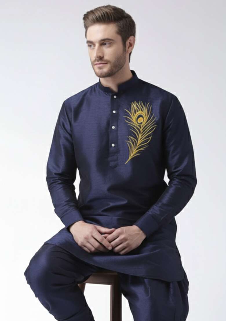 Navy Embroidered Silk Blend Kurta Set - Indya