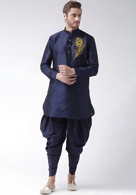 Navy Embroidered Silk Kurta Set