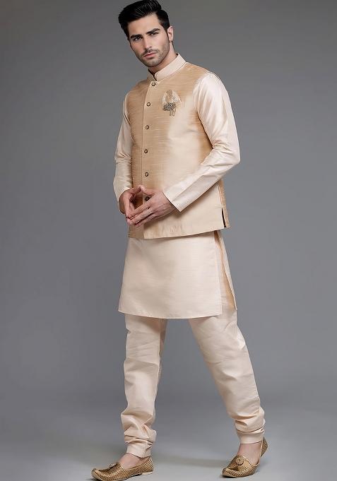 Golden Embroidered Silk Kurta Set