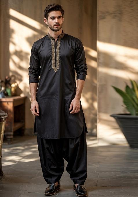 Black Embroidered Cotton Kurta Set
