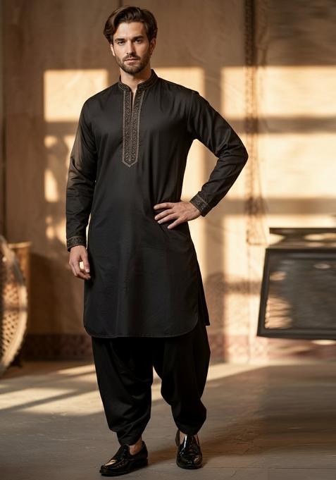 Black Embroidered Cotton Kurta Set