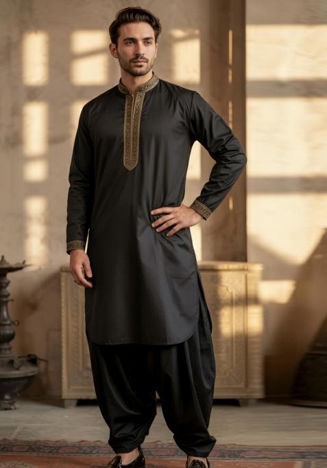 Black Embroidered Cotton Kurta Set