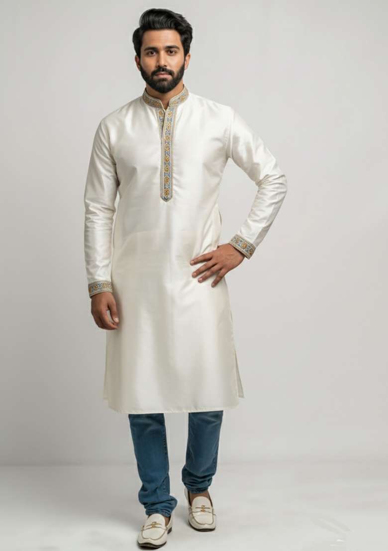 White Embroidered Cotton Kurta Set - Indya