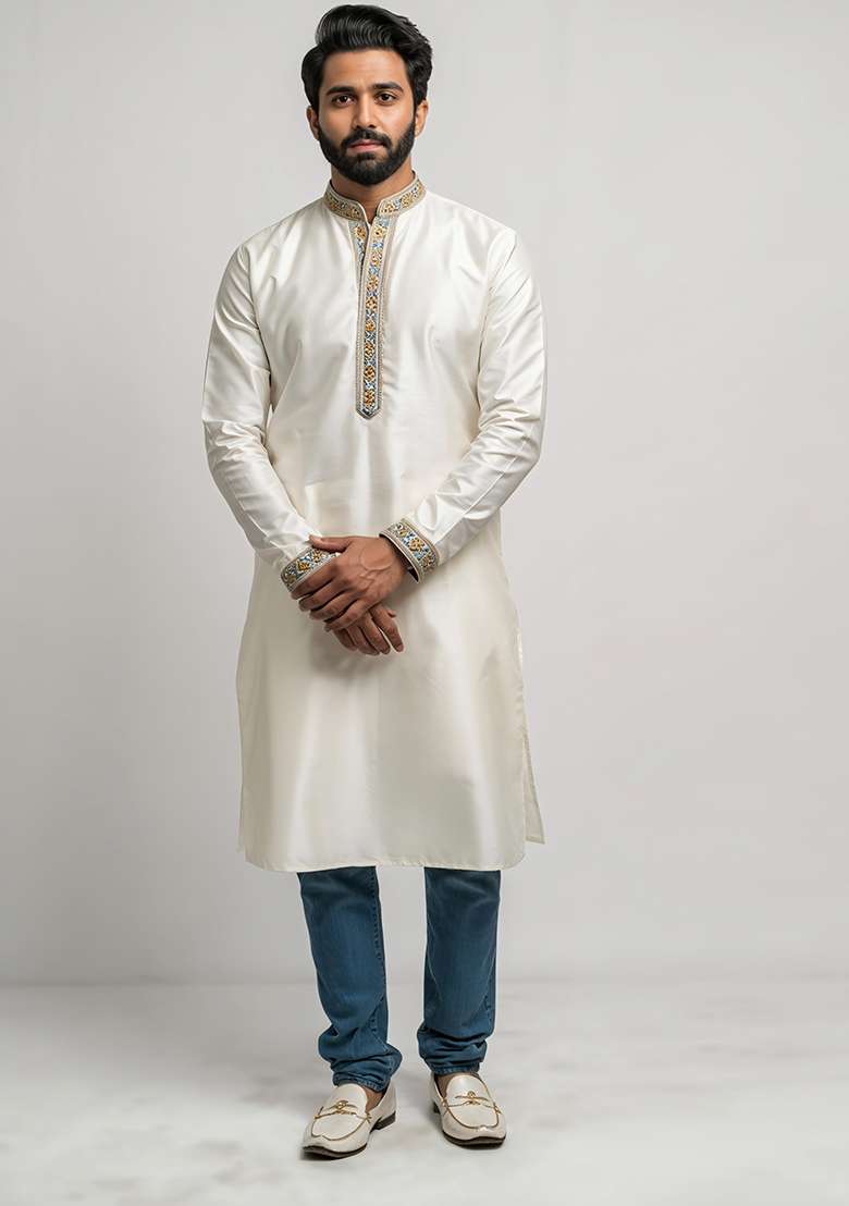 White Embroidered Cotton Kurta Set - Indya