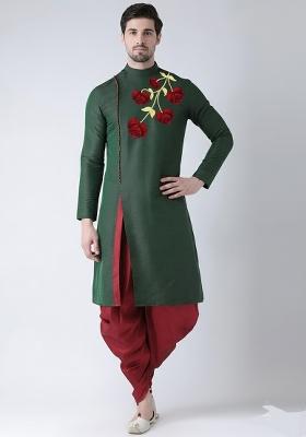Bottle Green Embroidered Silk Kurta Set