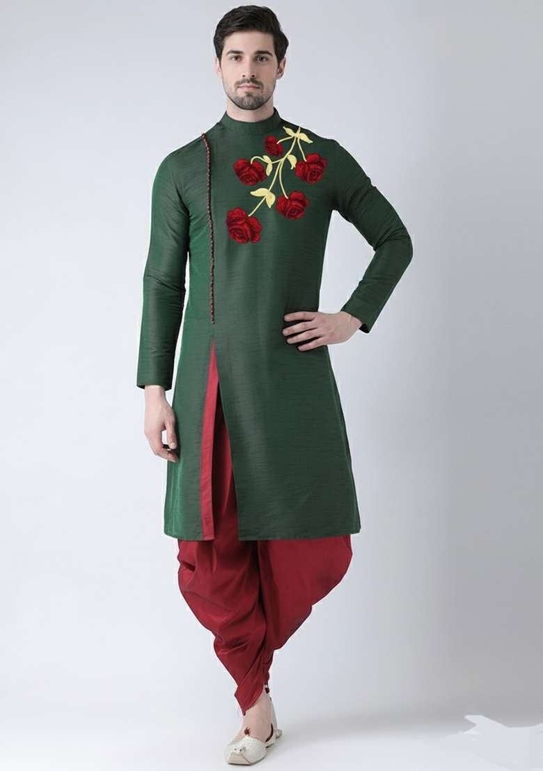 Bottle Green Embroidered Silk Blend Kurta Set - Indya