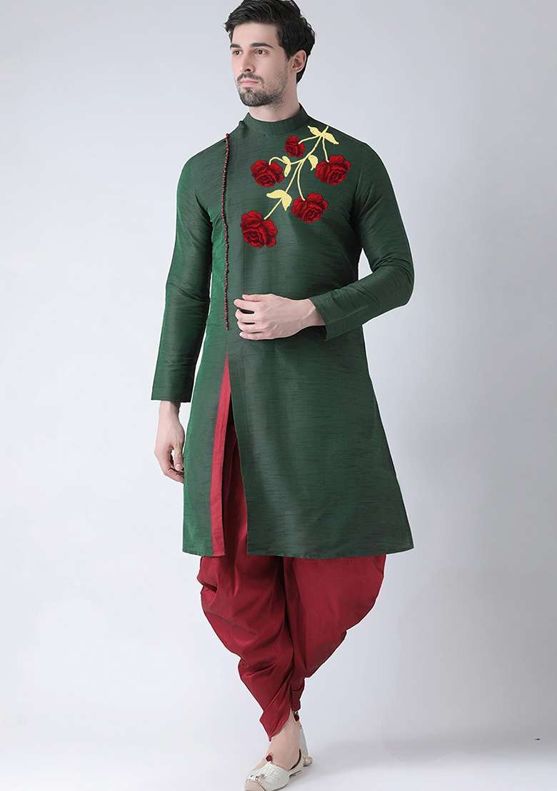 Bottle Green Embroidered Silk Blend Kurta Set - Indya