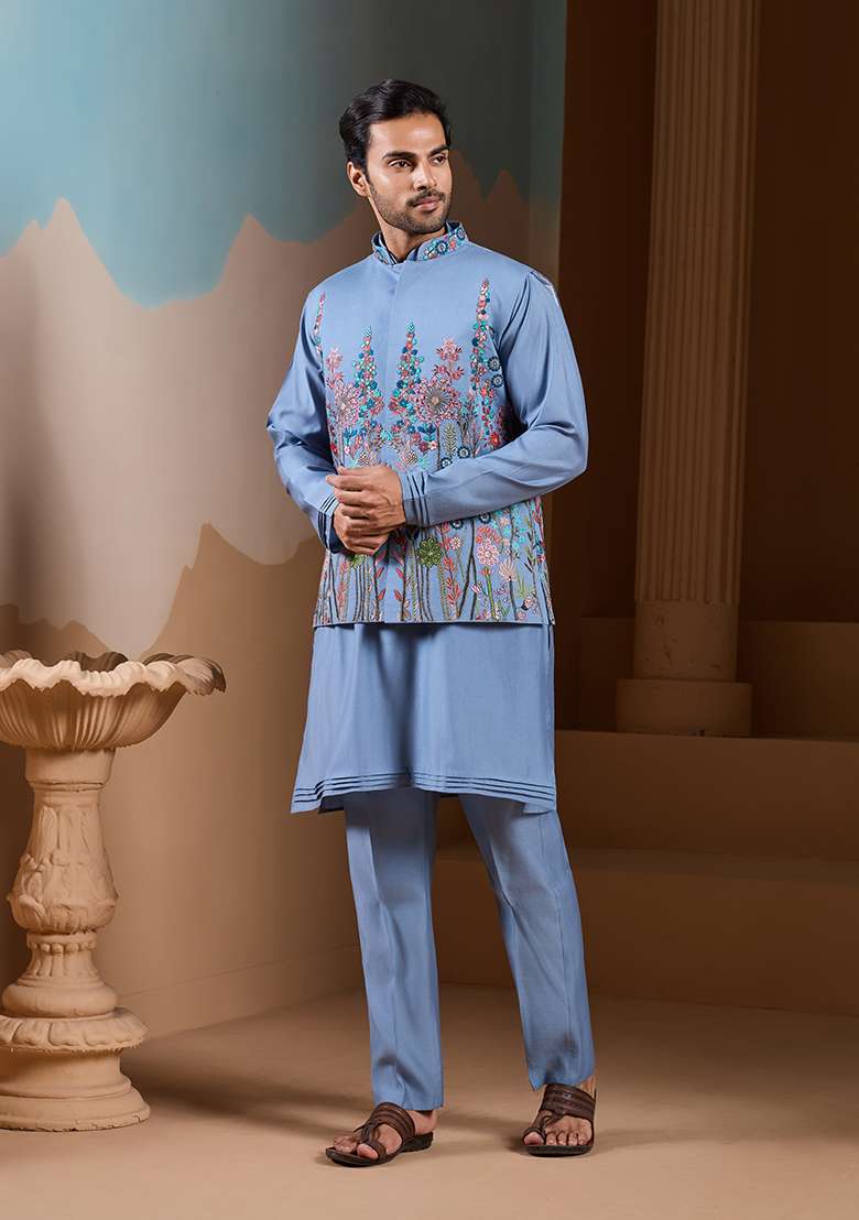 Sky Blue Embroidered Silk Blend Kurta Set For Men - Indya