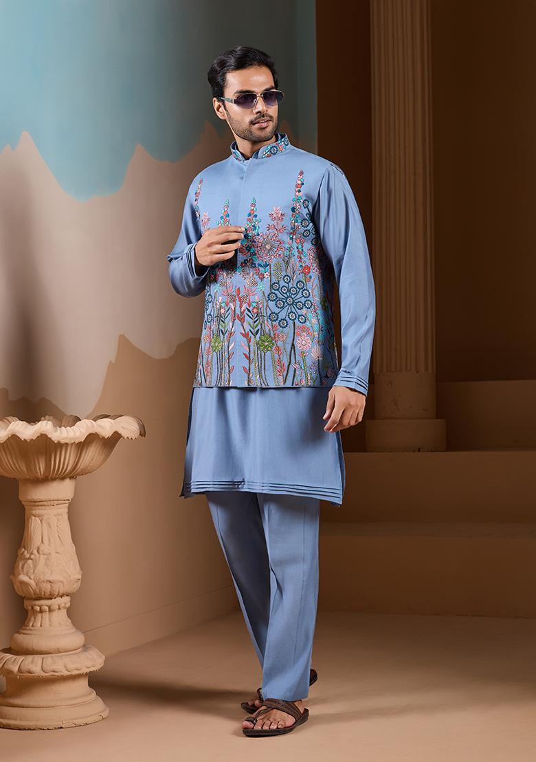 Sky Blue Embroidered Silk Kurta Set For Men - Indya