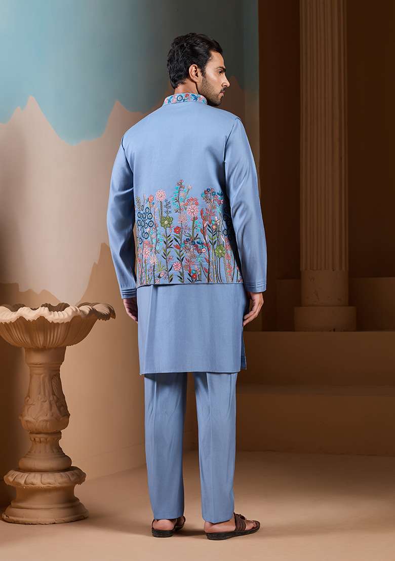 Sky Blue Embroidered Silk Blend Kurta Set For Men - Indya