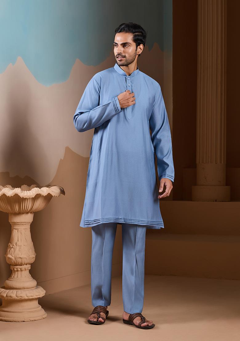 Sky Blue Embroidered Silk Kurta Set For Men - Indya