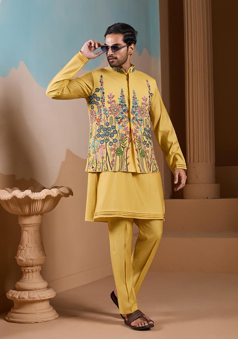 Yellow Embroidered Silk Kurta Set For Men - Indya