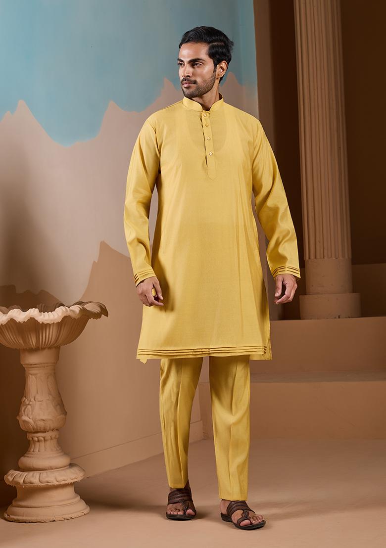 Yellow Embroidered Silk Kurta Set For Men - Indya
