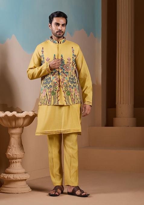 Yellow Embroidered Silk Blend Kurta Set For Men