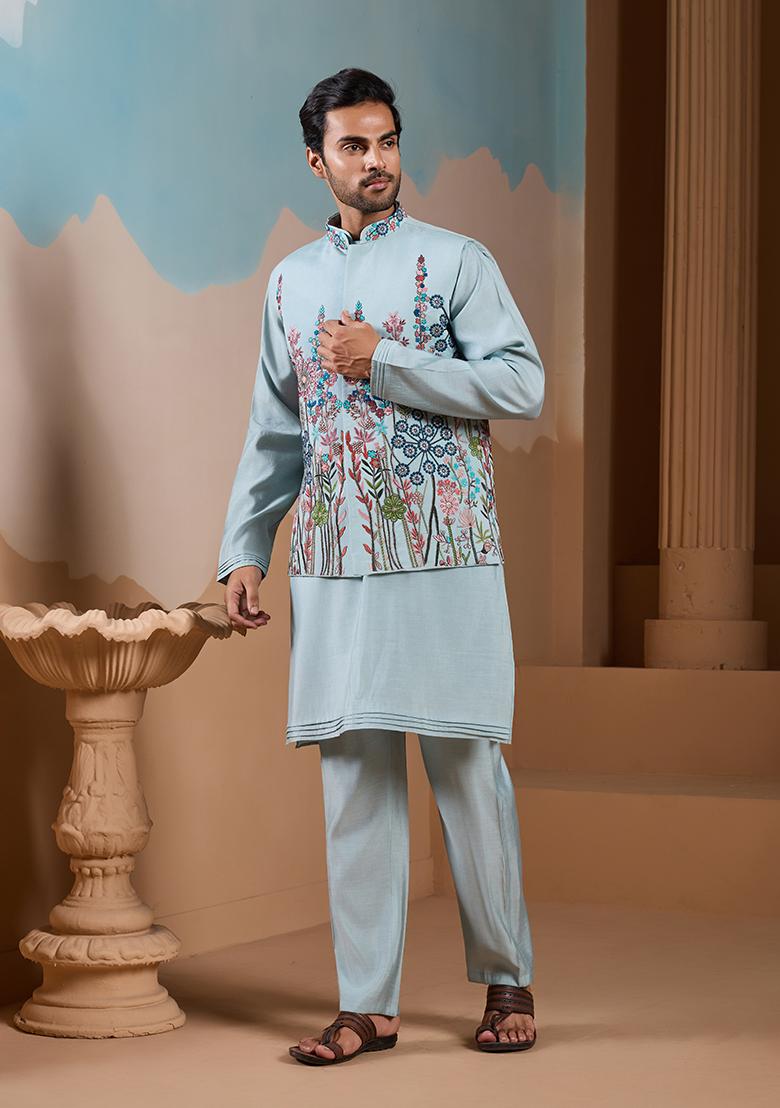 Pista Green Embroidered Silk Kurta Set For Men - Indya