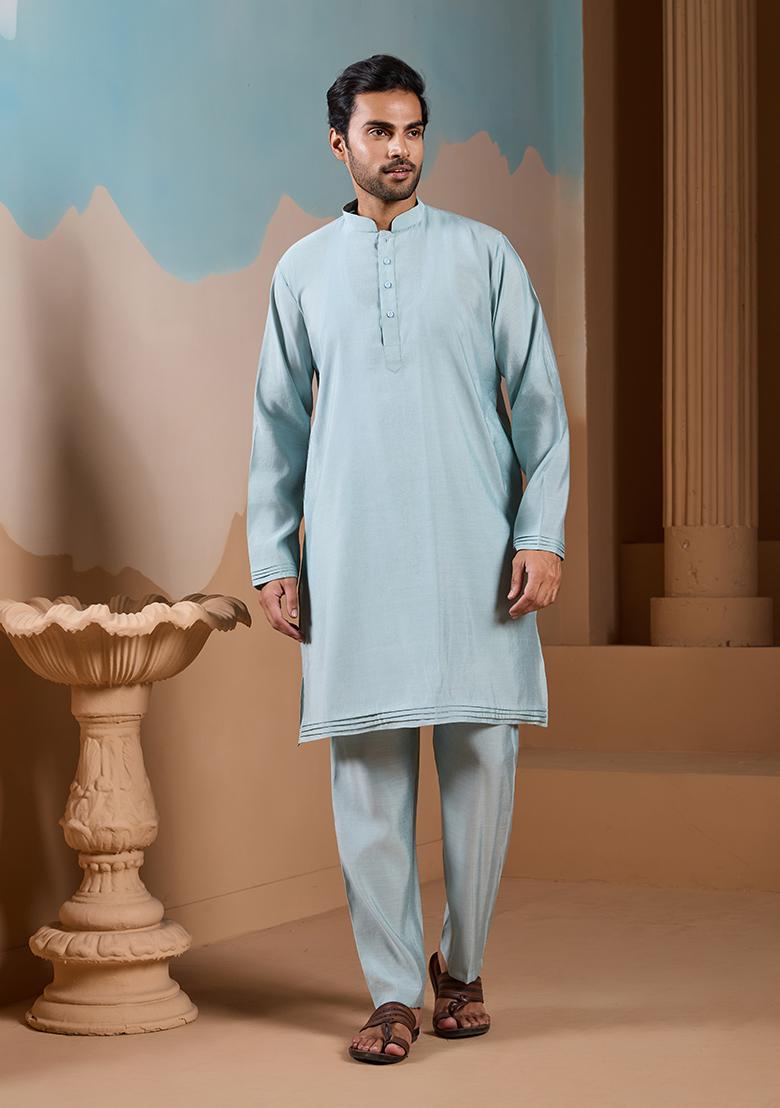 Pista Green Embroidered Silk Kurta Set For Men - Indya