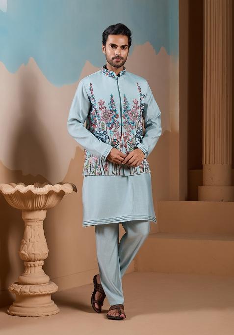 Pista Green Embroidered Silk Blend Kurta Set For Men