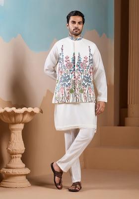 White Embroidered Silk Kurta Set For Men
