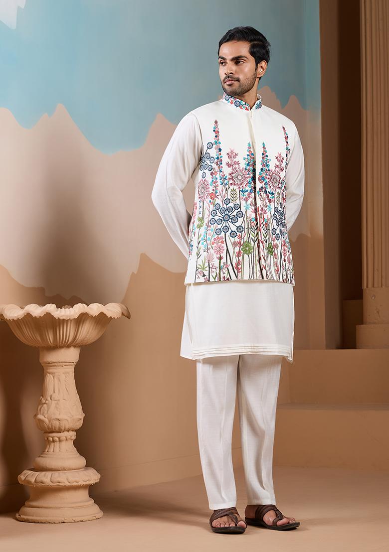 White Embroidered Silk Kurta Set For Men - Indya