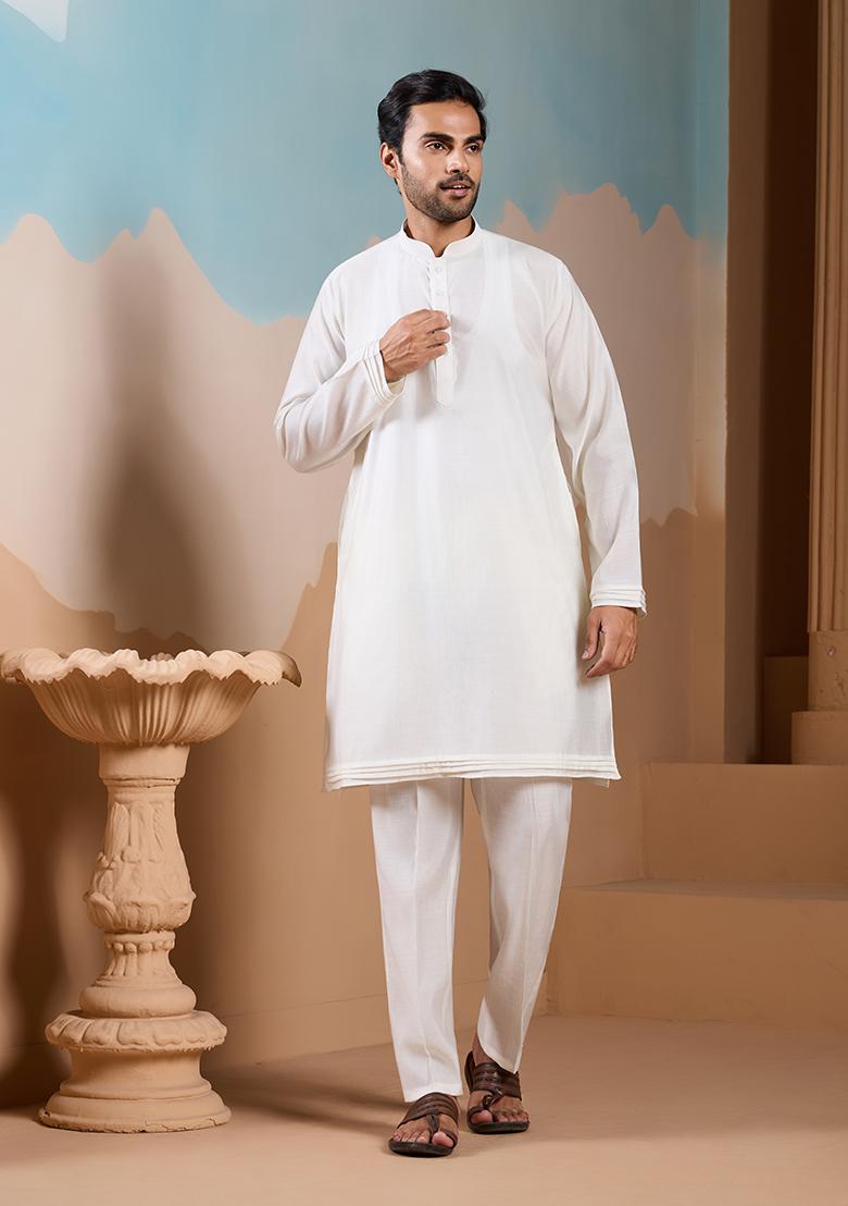 White Embroidered Silk Kurta Set For Men - Indya