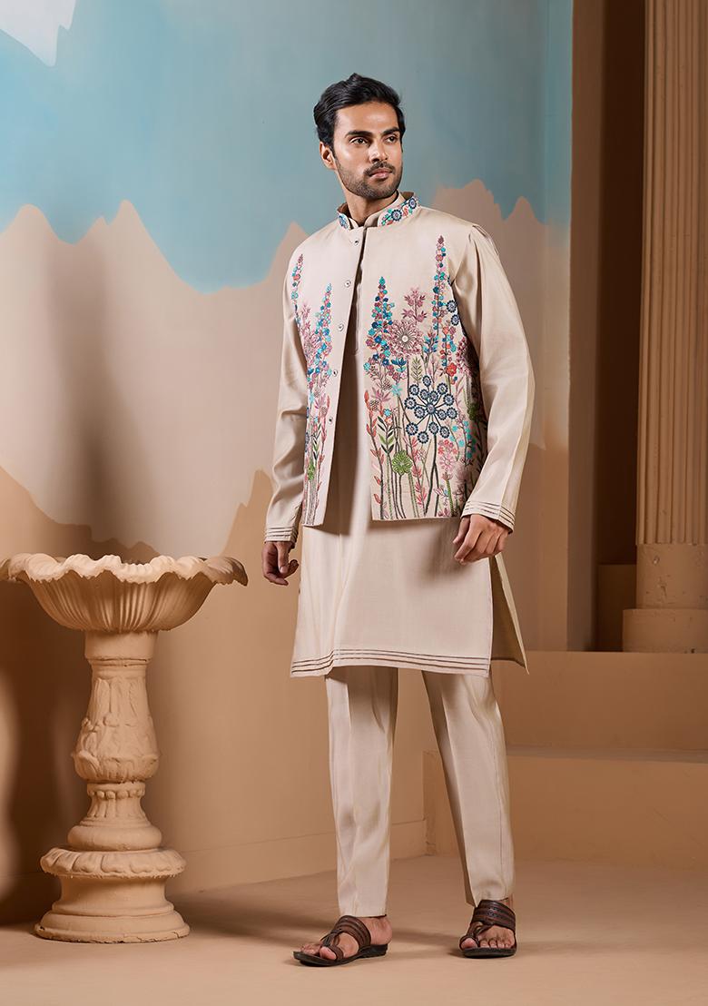 Beige Embroidered Silk Kurta Set For Men - Indya