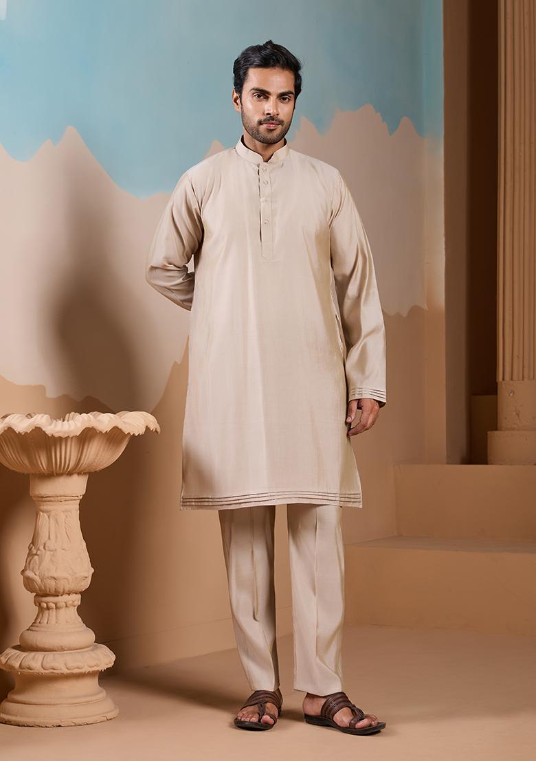 Beige Embroidered Silk Kurta Set For Men - Indya