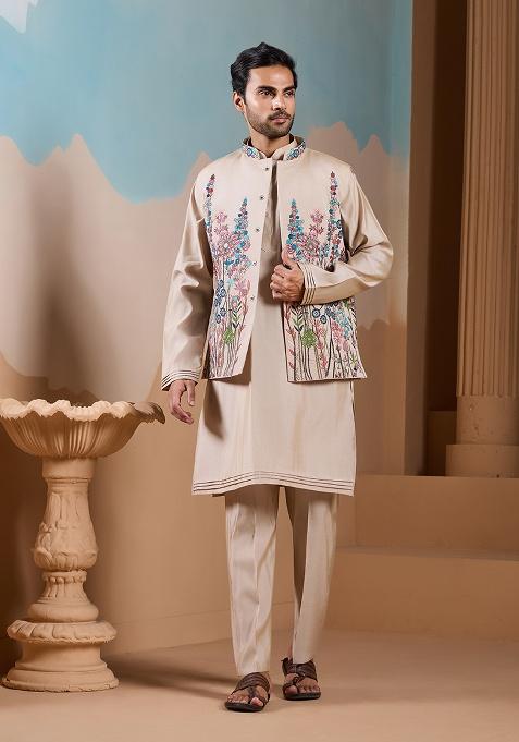 Beige Embroidered Silk Kurta Set For Men