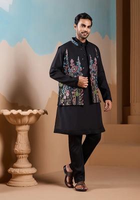 Black Embroidered Silk Kurta Set For Men