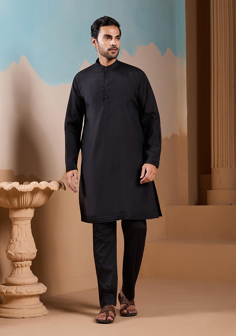 Black Embroidered Silk Kurta Set For Men - Indya