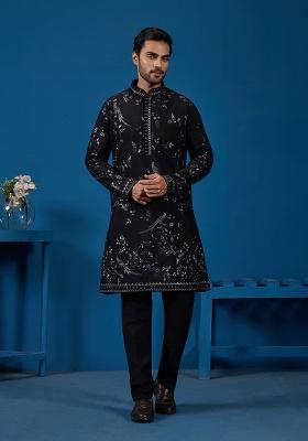 Black Embroidered Viscose Silk Kurta Set For Men