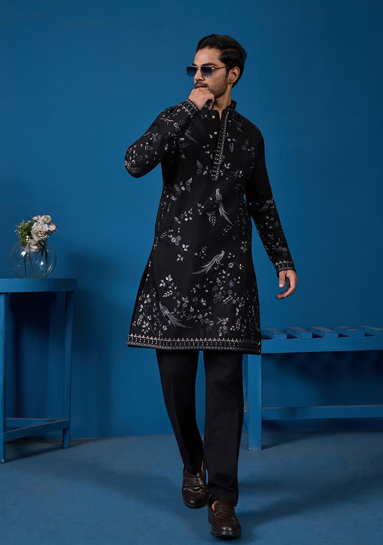 Black Embroidered Viscose Silk Kurta Set For Men - Indya