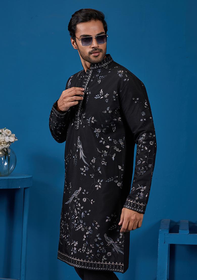 Black Embroidered Viscose Silk Kurta Set For Men - Indya