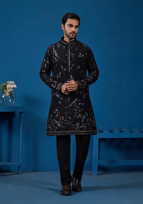 Black Embroidered Viscose Silk Kurta Set For Men