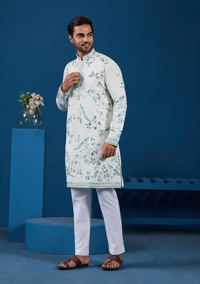White Embroidered Viscose Silk Kurta Set For Men - Indya