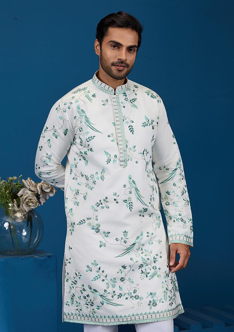 White Embroidered Viscose Silk Kurta Set For Men - Indya