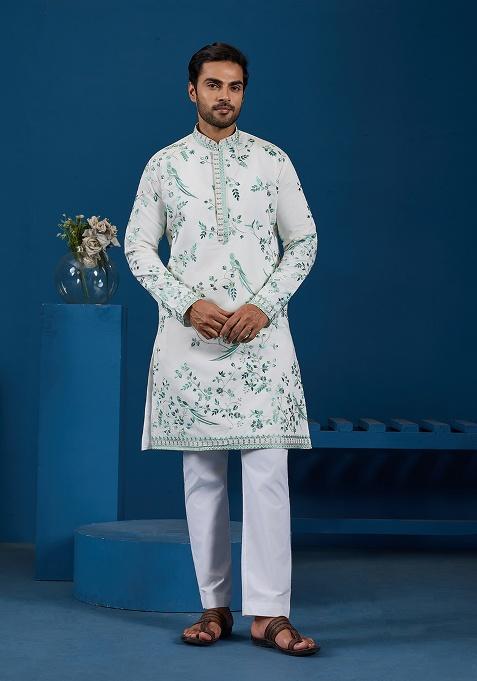 White Embroidered Viscose Silk Blend Kurta Set For Men