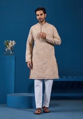 Beige Embroidered Viscose Silk Kurta Set For Men