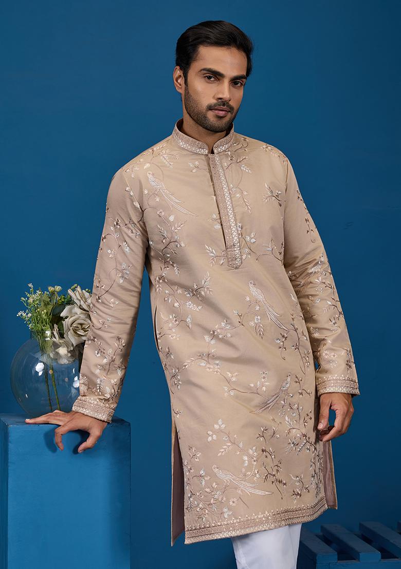 Beige Embroidered Viscose Silk Kurta Set For Men - Indya