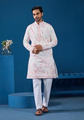 Off White Embroidered Viscose Silk Kurta Set For Men