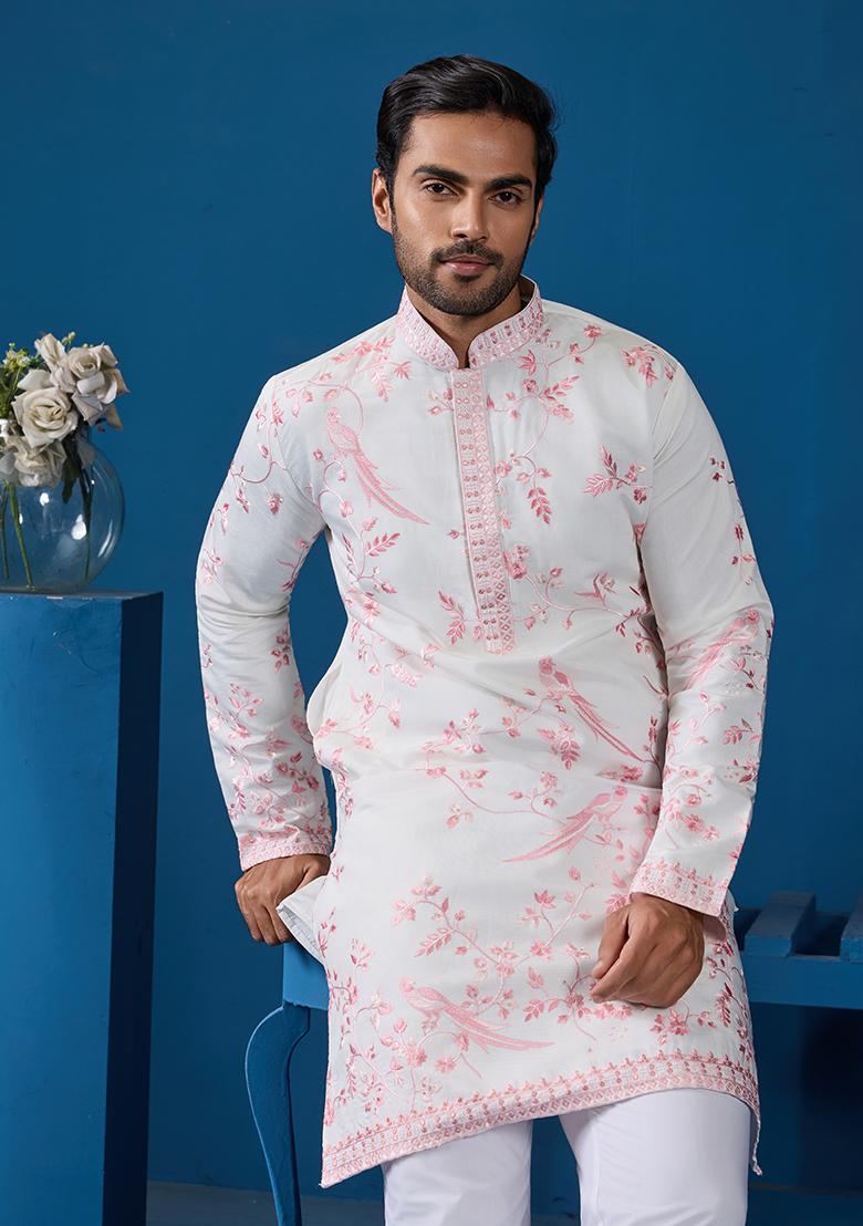 Off White Embroidered Viscose Silk Kurta Set For Men - Indya