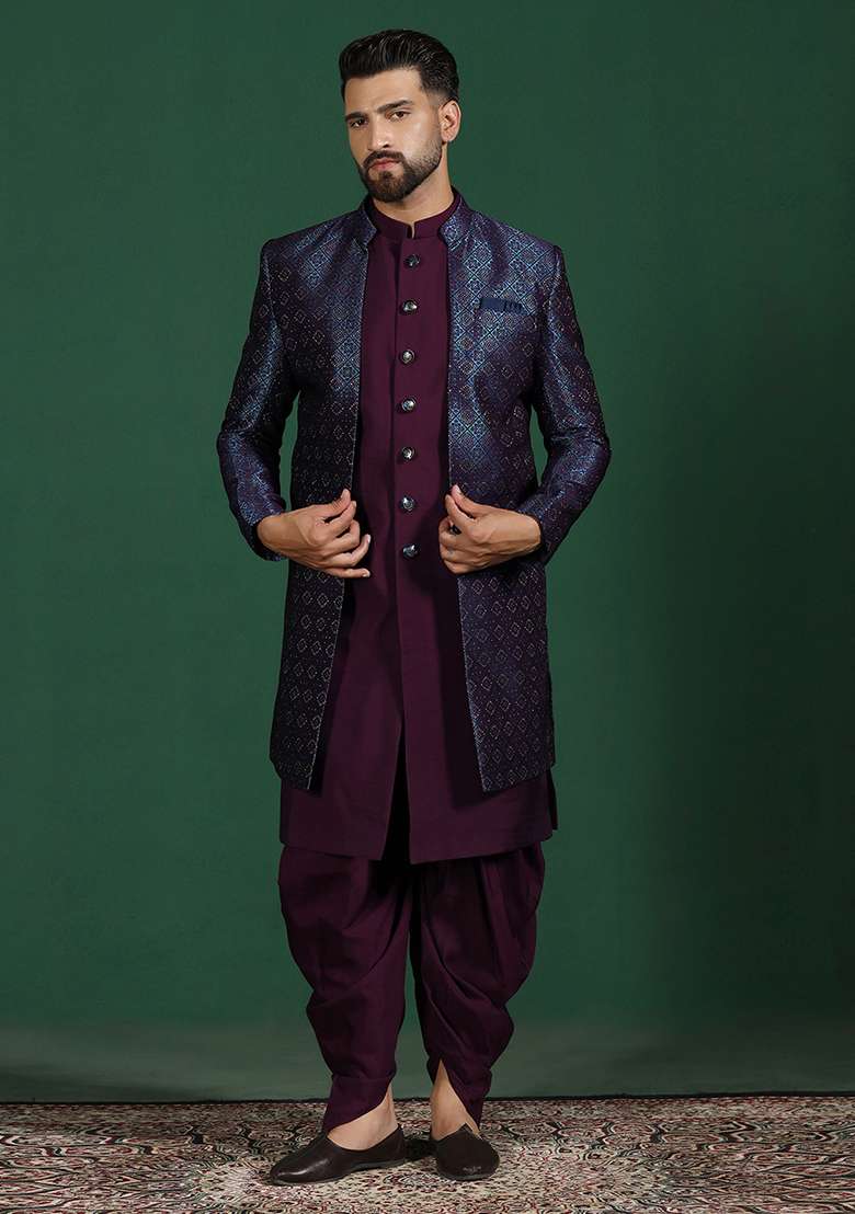 Navy Blue Embroidery Jacquard Indowestern Dhoti Set - Indya